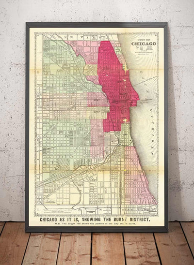 Alte Karte von Chicago nach dem Großen Brand, 1871, Gaylord Watson - Innenstadt, Lake Michigan, Fluss, Stadtteile, verbranntes Gebiet 
