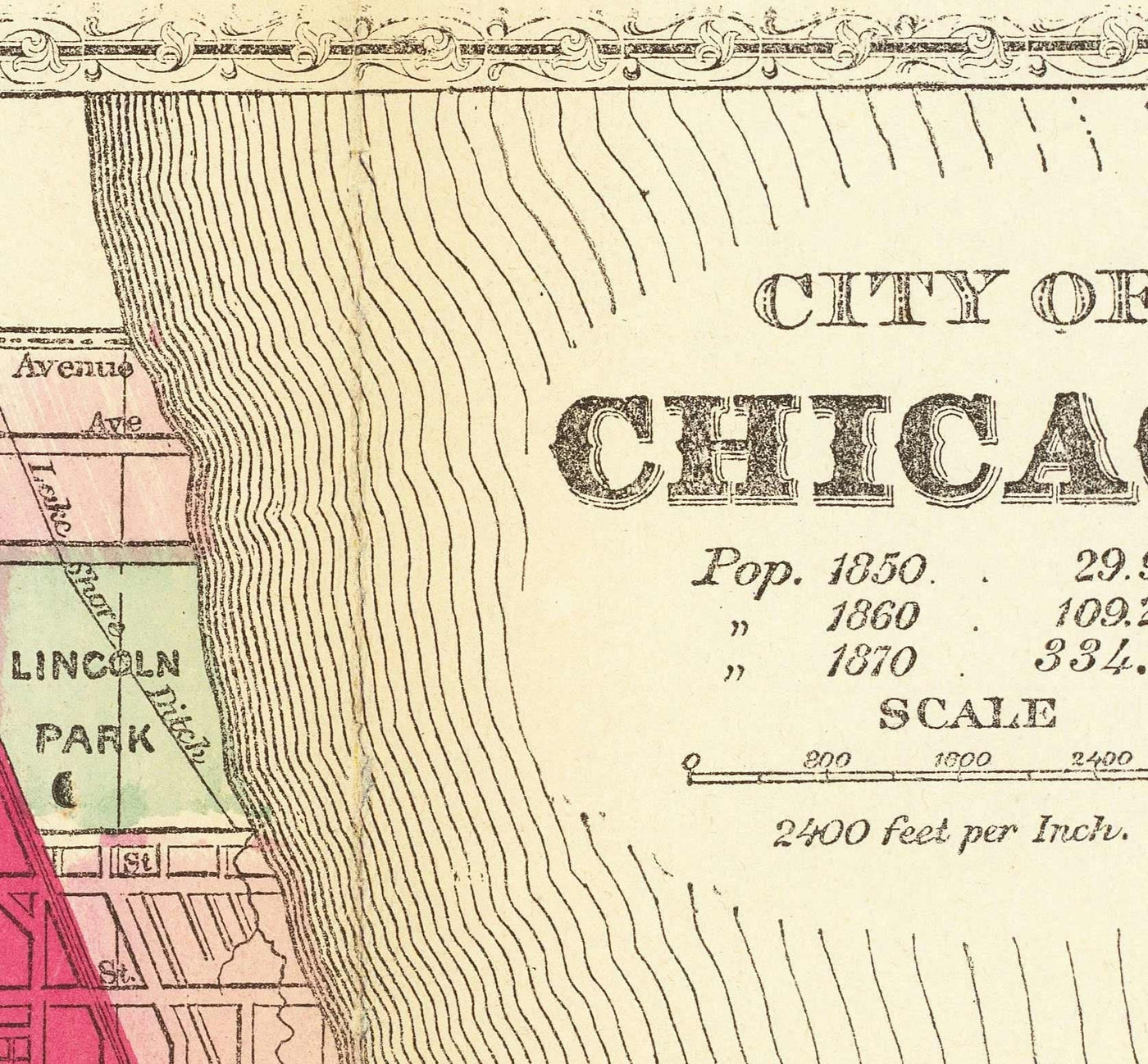 Alte Karte von Chicago nach dem Großen Brand, 1871, Gaylord Watson - Innenstadt, Lake Michigan, Fluss, Stadtteile, verbranntes Gebiet 