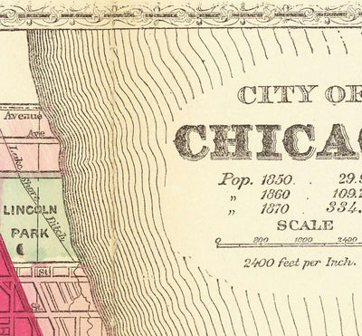 Alte Karte von Chicago nach dem Großen Brand, 1871, Gaylord Watson - Innenstadt, Lake Michigan, Fluss, Stadtteile, verbranntes Gebiet 