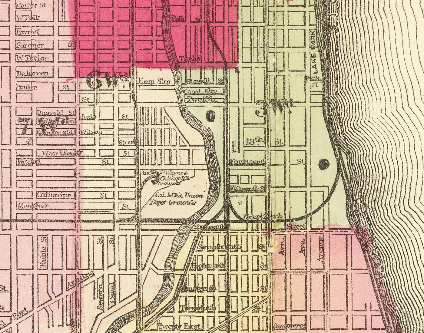Alte Karte von Chicago nach dem Großen Brand, 1871, Gaylord Watson - Innenstadt, Lake Michigan, Fluss, Stadtteile, verbranntes Gebiet 