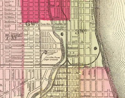 Alte Karte von Chicago nach dem Großen Brand, 1871, Gaylord Watson - Innenstadt, Lake Michigan, Fluss, Stadtteile, verbranntes Gebiet 