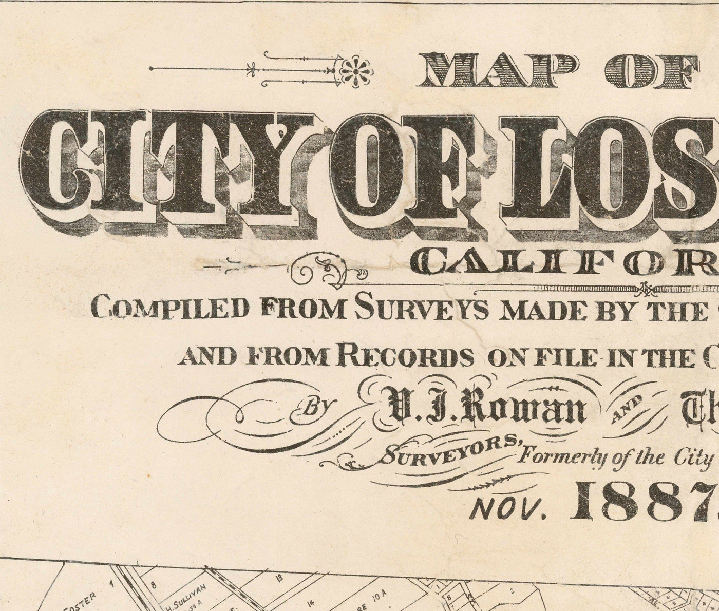 Alte Karte von Los Angeles, 1887 - Seltene Stadtkarte - Innenstadt, Chinatown, Finanzviertel, Skid Row, Modeviertel 