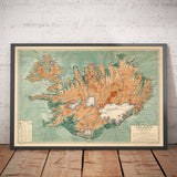 Mappa antica dell'Islanda di Samuel Eggertsson, 1928 - Reykjavik, Keflavik, Geysir, Gulfoss, Vulcani, Glacieri 