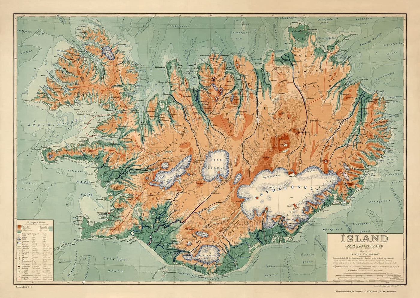 Old Map of Iceland by Samuel Eggertsson, 1928 - Reykjavik, Keflavik, Geysir, Gulfoss, Volcanoes, Glaciers