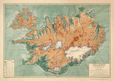 Old Map of Iceland by Samuel Eggertsson, 1928 - Reykjavik, Keflavik, Geysir, Gulfoss, Volcanoes, Glaciers