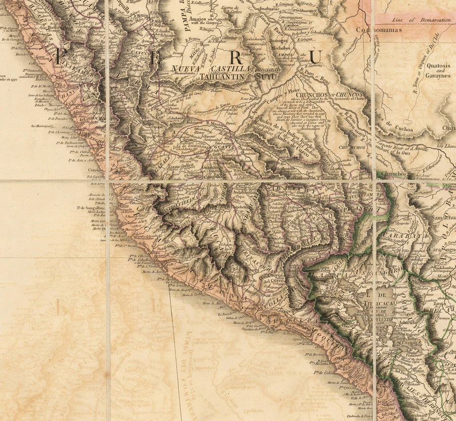 Rara mappa antica del Sud America di Faden, 1807 - Colonialismo spagnolo - Brasile, Perù, Colombia, Cile, Venezuela, Amazzonia 