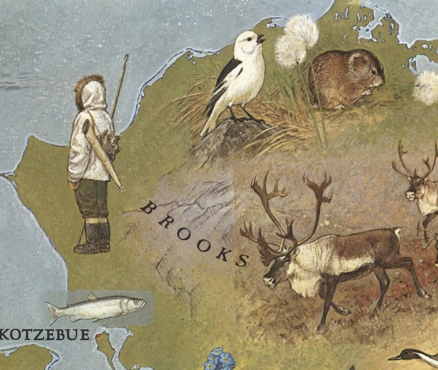 Mapa antiguo de Alaska por WD Berry, 1967 - Eskimos, Inuits & Animals - Anchorage, Yukon, Denali / McKinley