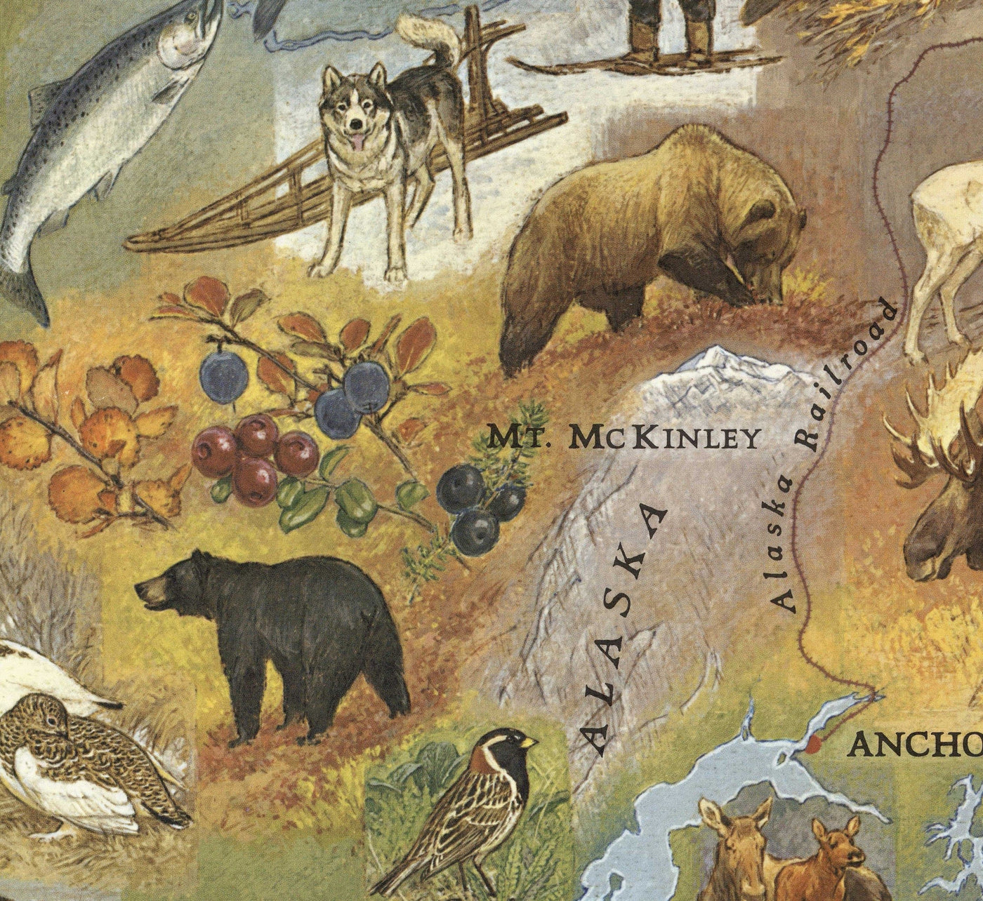 Mapa antiguo de Alaska por WD Berry, 1967 - Eskimos, Inuits & Animals - Anchorage, Yukon, Denali / McKinley