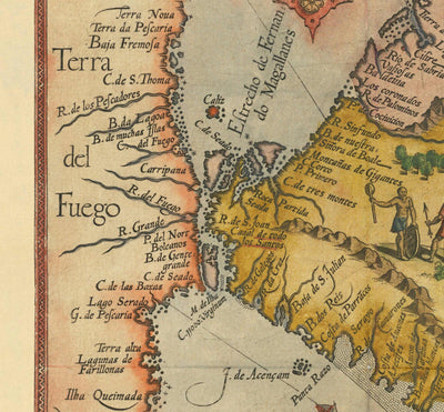 Mapa antiguo de Sudamérica por Linschoten, 1596 - Brasil, Perú, Chile, Caribe, Florida, español y colonias portuguesas