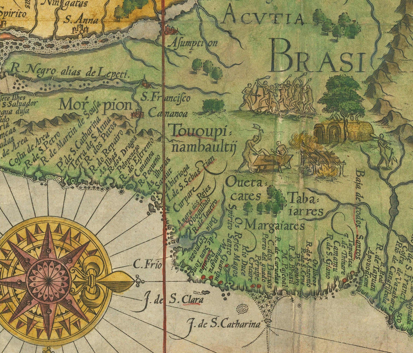 Mapa antiguo de Sudamérica por Linschoten, 1596 - Brasil, Perú, Chile, Caribe, Florida, español y colonias portuguesas