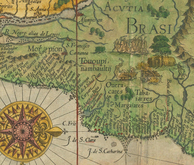 Mapa antiguo de Sudamérica por Linschoten, 1596 - Brasil, Perú, Chile, Caribe, Florida, español y colonias portuguesas