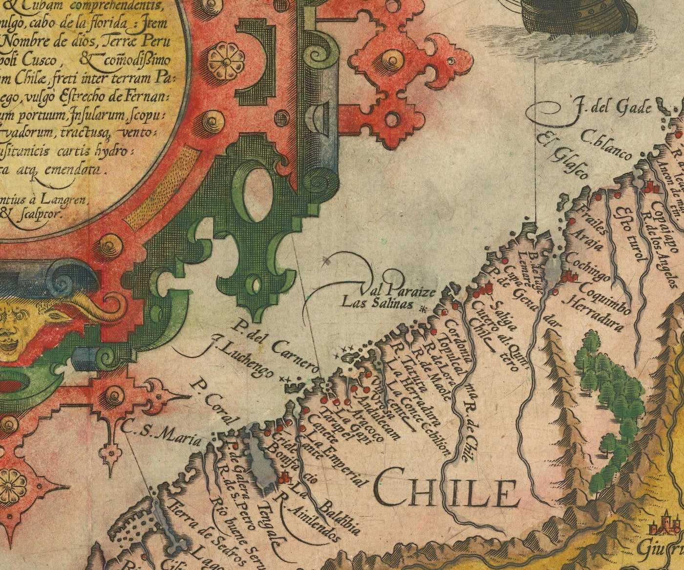 Mapa antiguo de Sudamérica por Linschoten, 1596 - Brasil, Perú, Chile, Caribe, Florida, español y colonias portuguesas