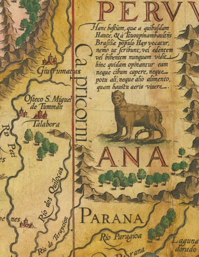 Mapa antiguo de Sudamérica por Linschoten, 1596 - Brasil, Perú, Chile, Caribe, Florida, español y colonias portuguesas