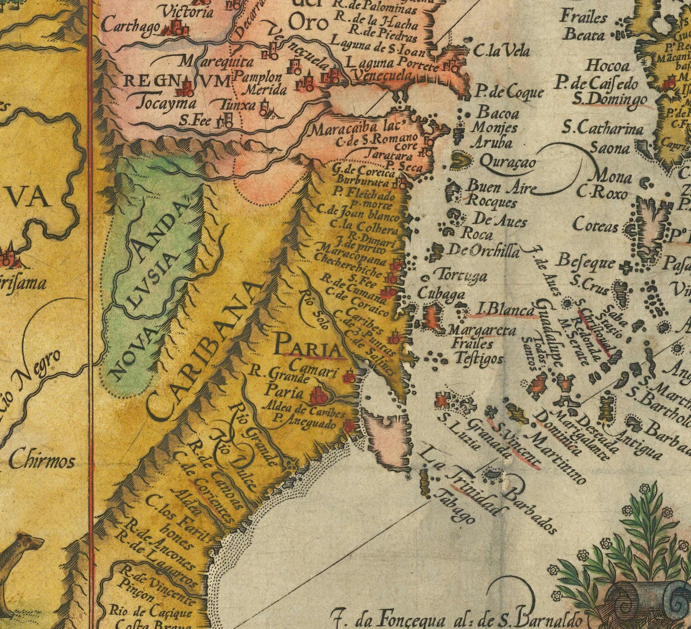Mapa antiguo de Sudamérica por Linschoten, 1596 - Brasil, Perú, Chile, Caribe, Florida, español y colonias portuguesas