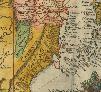 Mapa antiguo de Sudamérica por Linschoten, 1596 - Brasil, Perú, Chile, Caribe, Florida, español y colonias portuguesas