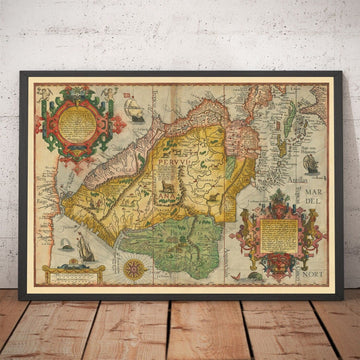 Mappa antica del Sud America di Linschoten, 1596 - Brasile, Perù, Cile, Caraibi, Florida, colonie spagnole e portoghesi 