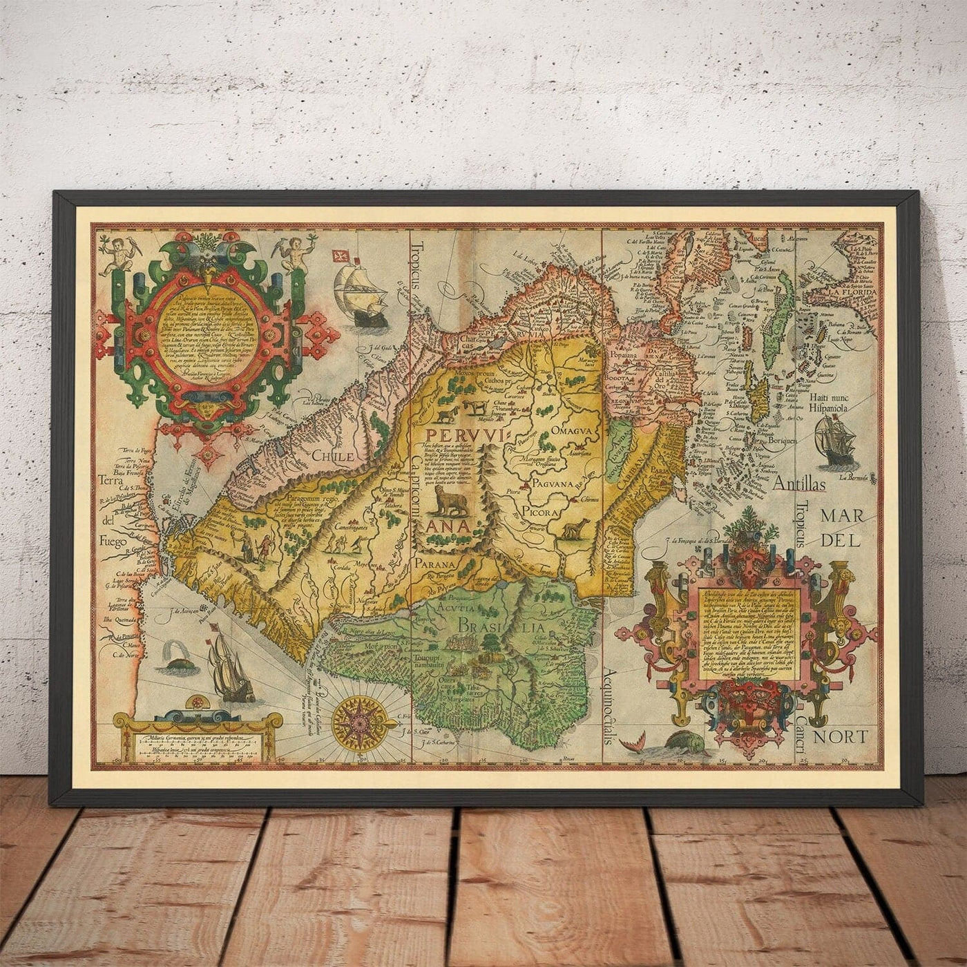 Mapa antiguo de Sudamérica por Linschoten, 1596 - Brasil, Perú, Chile, Caribe, Florida, español y colonias portuguesas