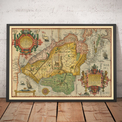Mapa antiguo de Sudamérica por Linschoten, 1596 - Brasil, Perú, Chile, Caribe, Florida, español y colonias portuguesas