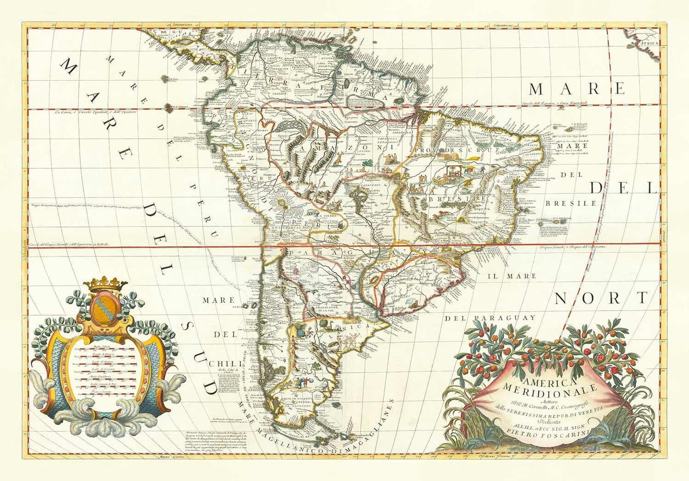 Old Map of South America by Coronelli 1690 - Brazil, Spanish Colonies, Peru, Paraguay, Venezuela, Magellanica, Amazon