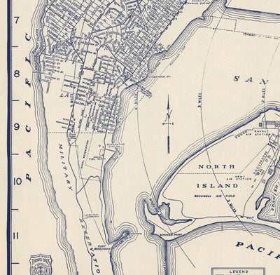 Viejo mapa de San Diego, 1938 por Thomas Bros - Ciudad Nacional, La Jolla, La Mesa, Downtown, Balboa Park & ​​Zoo, Isla Norte