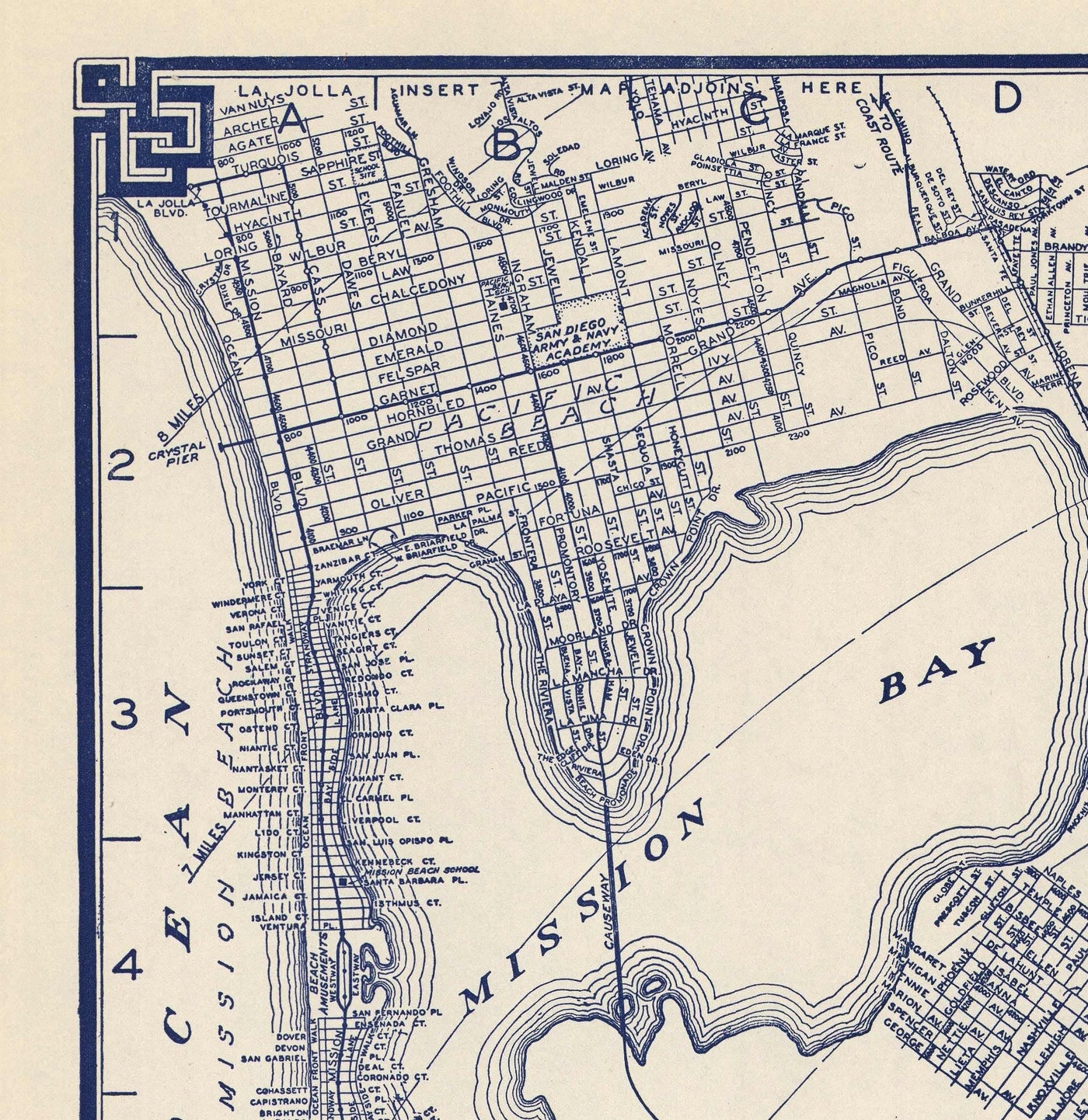 Viejo mapa de San Diego, 1938 por Thomas Bros - Ciudad Nacional, La Jolla, La Mesa, Downtown, Balboa Park & ​​Zoo, Isla Norte