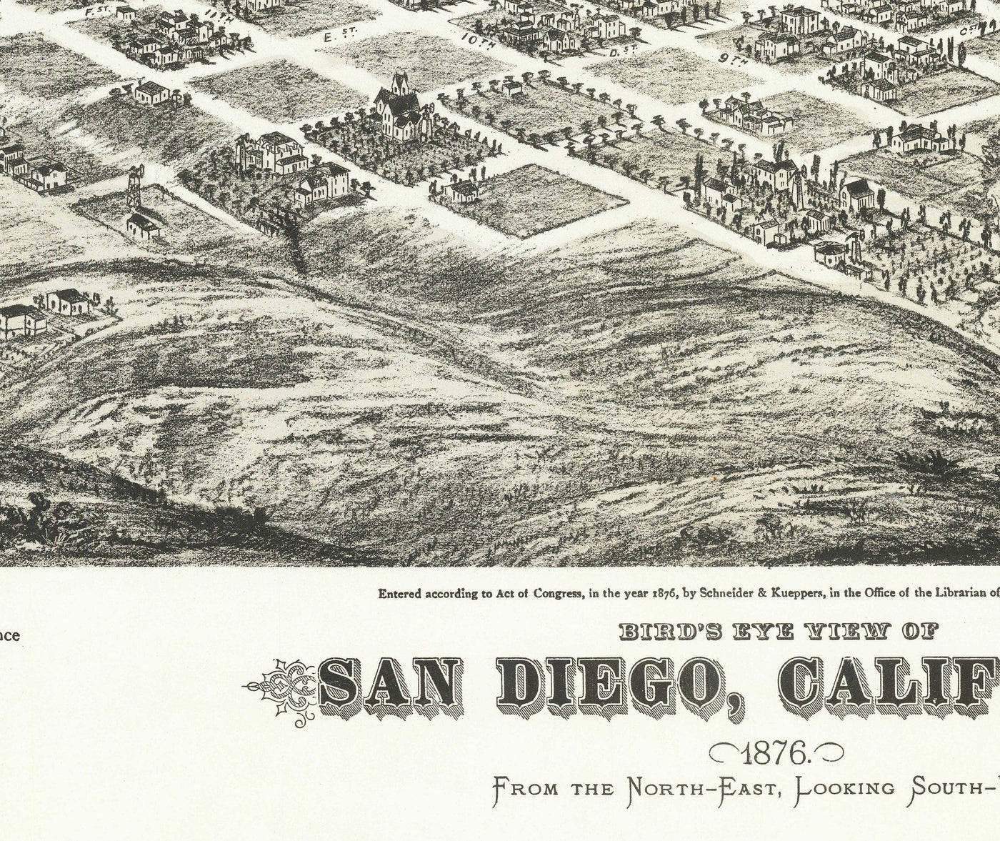 Seltene alte Karte von San Diego von Eli Sheldon Glover, 1876 - Vogelperspektive, Innenstadt, Altstadt, East Village, Cortez Hill 