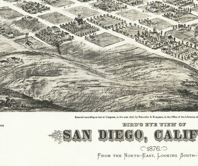 Seltene alte Karte von San Diego von Eli Sheldon Glover, 1876 - Vogelperspektive, Innenstadt, Altstadt, East Village, Cortez Hill 