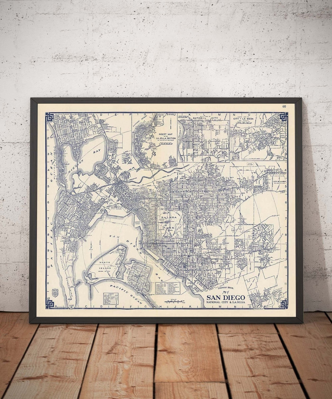 Viejo mapa de San Diego, 1938 por Thomas Bros - Ciudad Nacional, La Jolla, La Mesa, Downtown, Balboa Park & ​​Zoo, Isla Norte