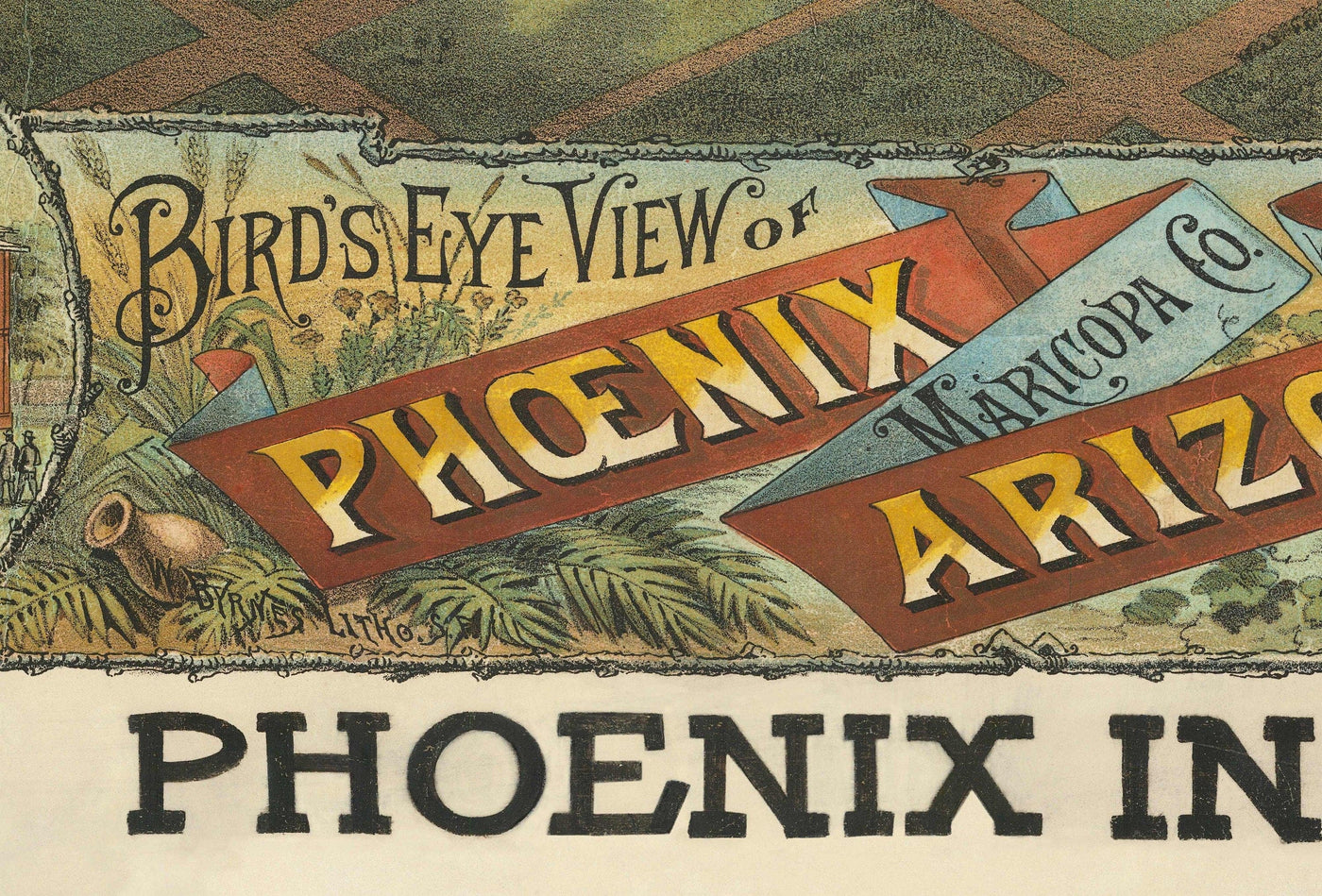 Mapa antiguo raro de Phoenix, Arizona por CJ Dyer, 1885 - Masterpiece Birdseye Vista del centro de la ciudad
