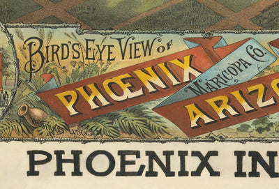 Mapa antiguo raro de Phoenix, Arizona por CJ Dyer, 1885 - Masterpiece Birdseye Vista del centro de la ciudad