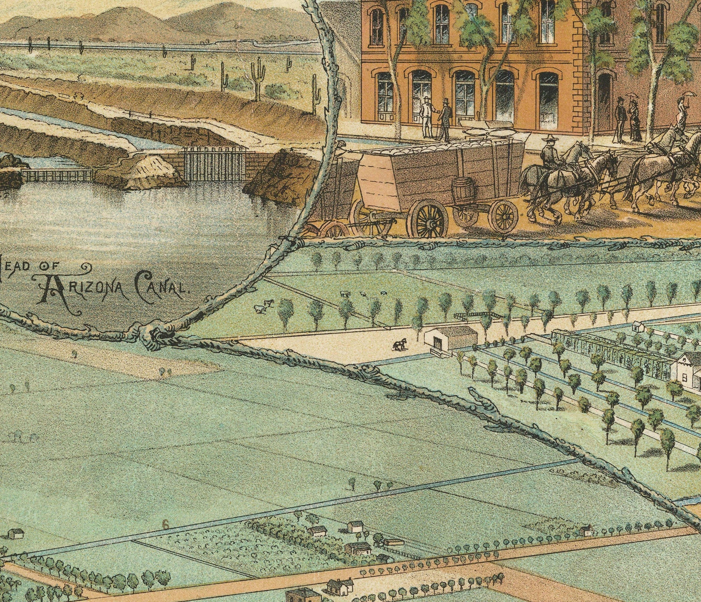 Mapa antiguo raro de Phoenix, Arizona por CJ Dyer, 1885 - Masterpiece Birdseye Vista del centro de la ciudad