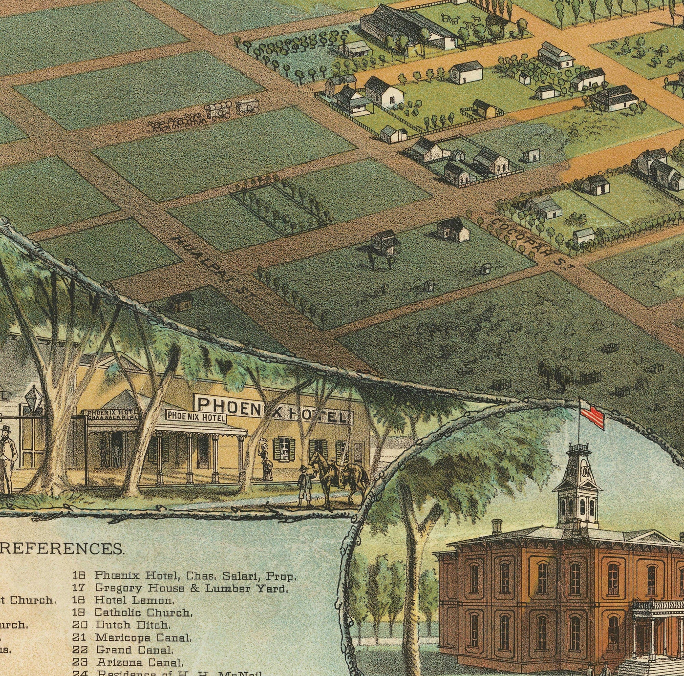 Mapa antiguo raro de Phoenix, Arizona por CJ Dyer, 1885 - Masterpiece Birdseye Vista del centro de la ciudad