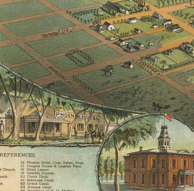 Mapa antiguo raro de Phoenix, Arizona por CJ Dyer, 1885 - Masterpiece Birdseye Vista del centro de la ciudad