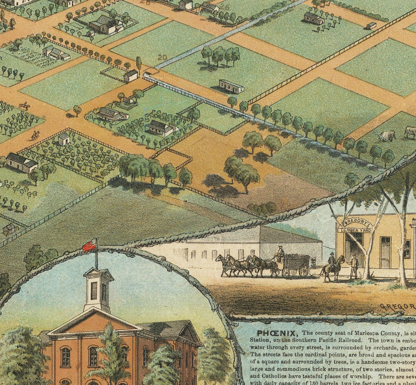 Mapa antiguo raro de Phoenix, Arizona por CJ Dyer, 1885 - Masterpiece Birdseye Vista del centro de la ciudad