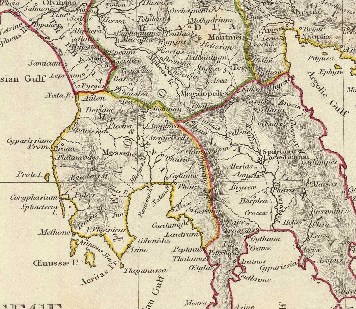 Old Map of Ancient Greece, 1829, by SDUK - Crete, Aegean, Athens, Arcadia, Attica, Cyclades, Zakynthos