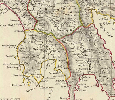 Old Map of Ancient Greece, 1829, by SDUK - Crete, Aegean, Athens, Arcadia, Attica, Cyclades, Zakynthos