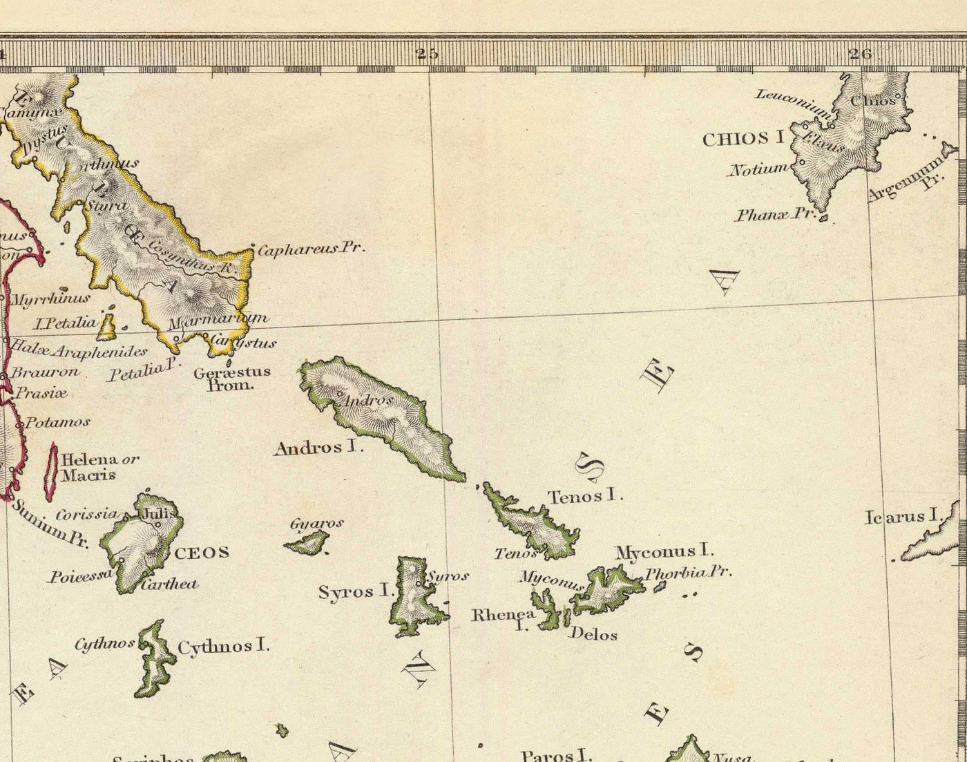 Old Map of Ancient Greece, 1829, by SDUK - Crete, Aegean, Athens, Arcadia, Attica, Cyclades, Zakynthos