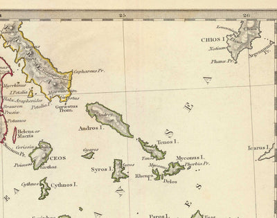 Old Map of Ancient Greece, 1829, by SDUK - Crete, Aegean, Athens, Arcadia, Attica, Cyclades, Zakynthos