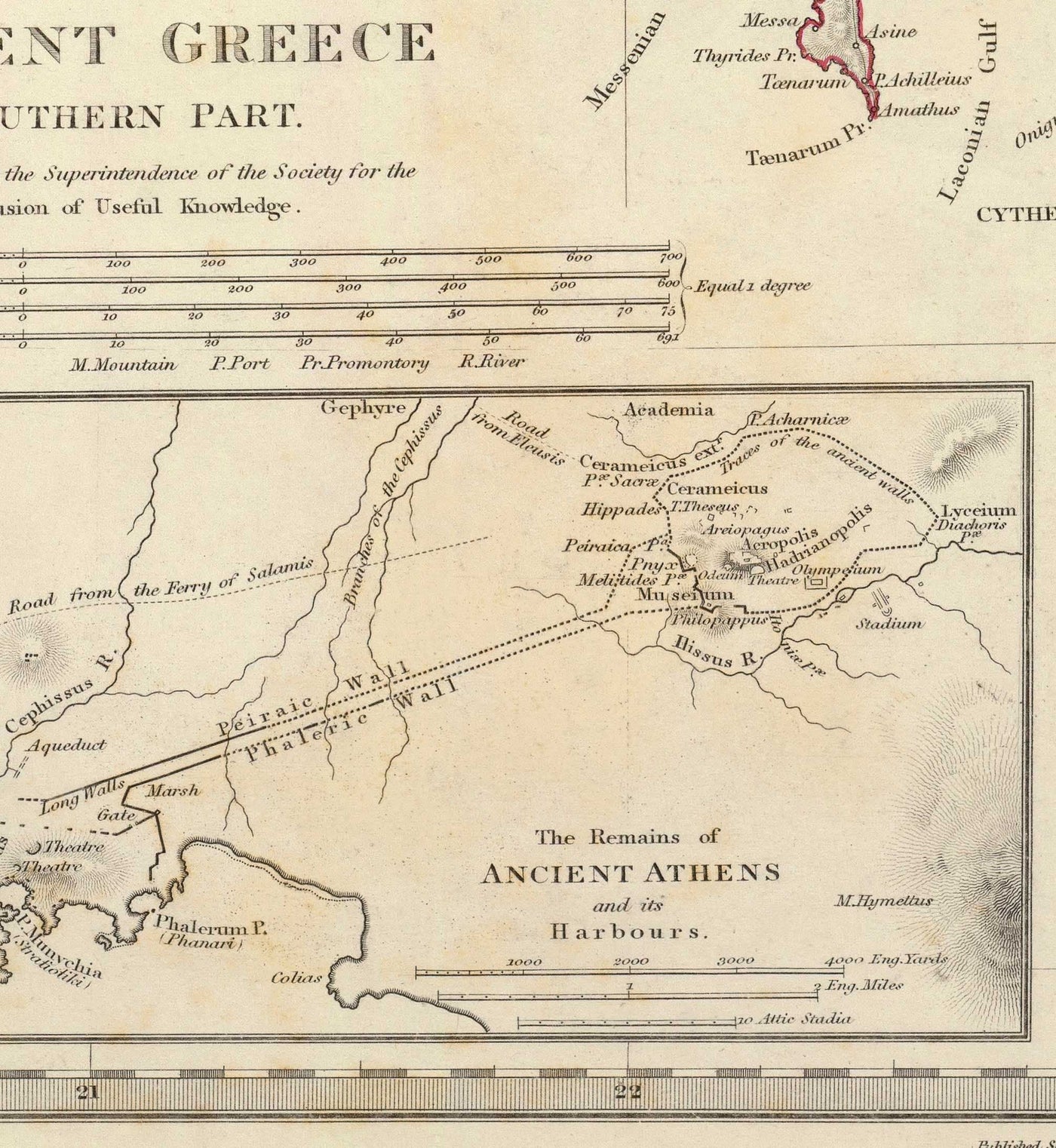 Old Map of Ancient Greece, 1829, by SDUK - Crete, Aegean, Athens, Arcadia, Attica, Cyclades, Zakynthos