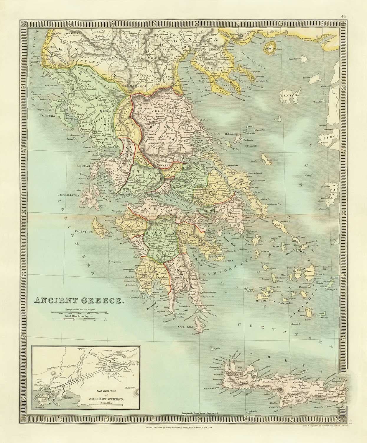 Alte Karte von Griechenland, 1834, von Teesdale - Kreta, Makedonien, Korfu, Albanien, Athen, Thessalien, Attika 