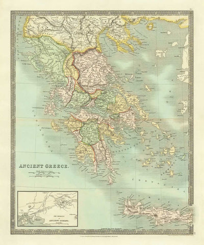 Alte Karte von Griechenland, 1834, von Teesdale - Kreta, Makedonien, Korfu, Albanien, Athen, Thessalien, Attika 