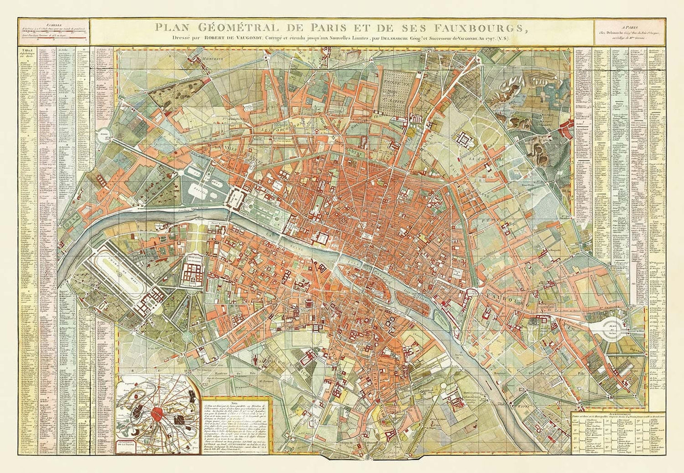 Old Map of Paris, France by Delamarche in 1797 - Louvre, Notre Dame, Sainte-Chapelle, Seine, Revolution, Invalides