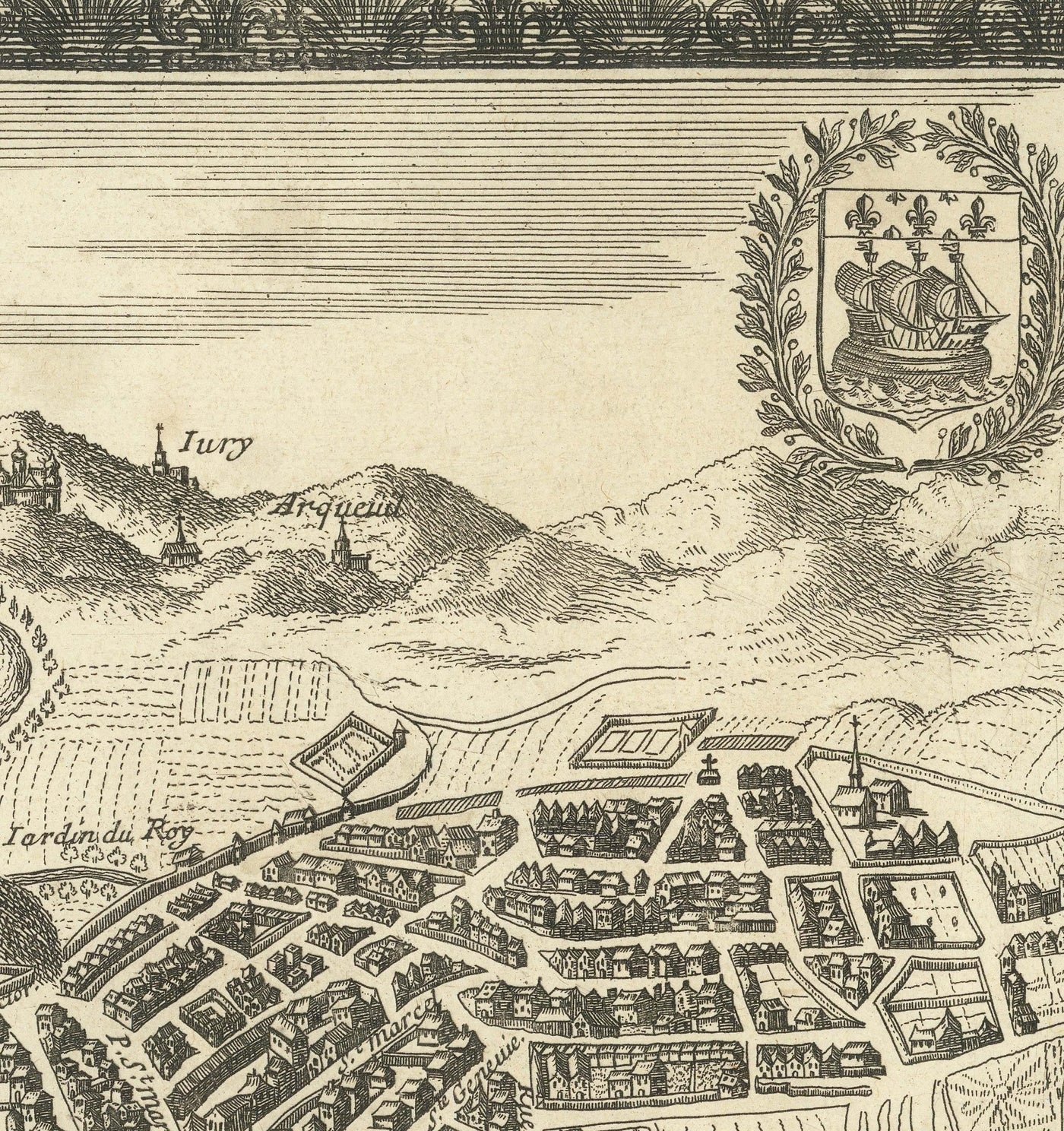Ancienne carte de Paris, France de Jean Sauve en 1670 - Notre Dame, Sainte-Chapelle, Île de la Cité, Bastille