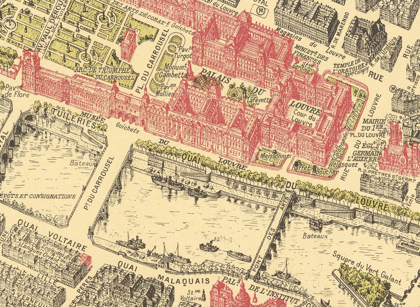 Rare Old Map of Paris, France by Georges Peltier, 1950 - Louvre, Notre Dame, Sainte-Chapelle, Eiffel Tower