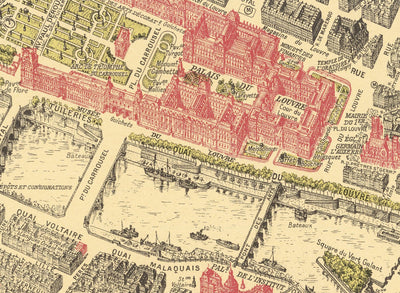 Rare Old Map of Paris, France by Georges Peltier, 1950 - Louvre, Notre Dame, Sainte-Chapelle, Eiffel Tower