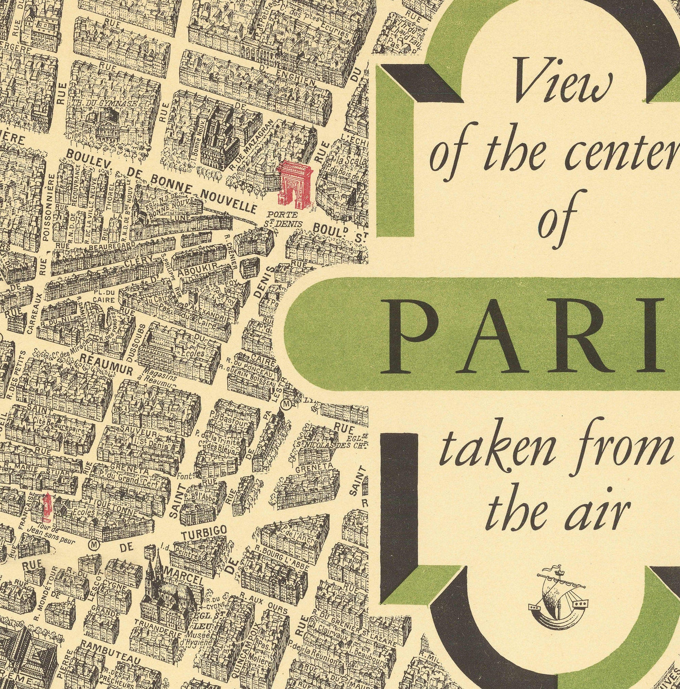 Rare Old Map of Paris, France by Georges Peltier, 1950 - Louvre, Notre Dame, Sainte-Chapelle, Eiffel Tower