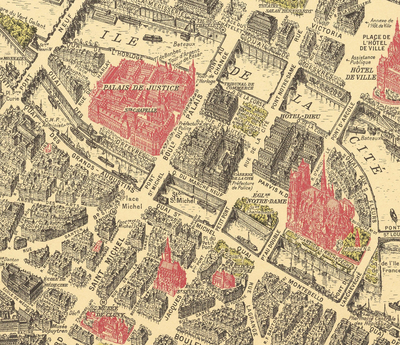 Rare Old Map of Paris, France by Georges Peltier, 1950 - Louvre, Notre Dame, Sainte-Chapelle, Eiffel Tower