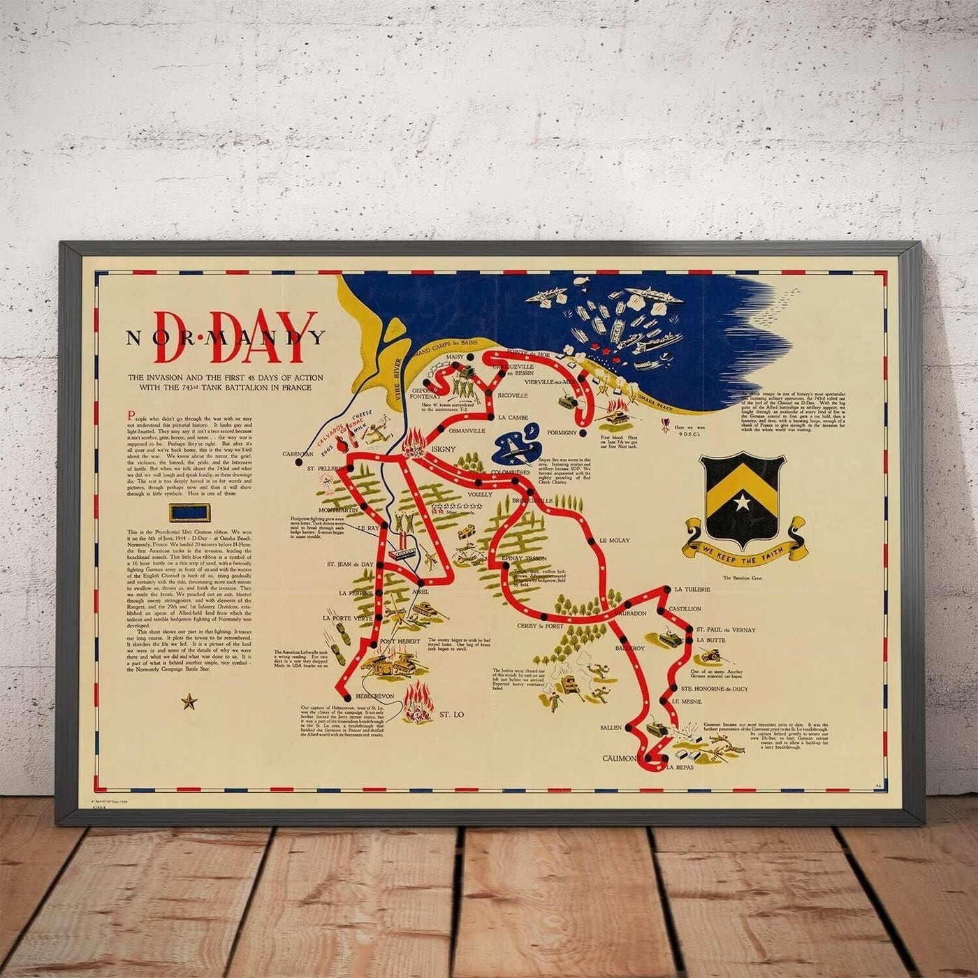 Mapa antiguo de D Day Landings en Normandía, 1944 - 743rd Batallón de tanques en el norte de Francia - EE. UU. Ejército Mundial Guerra Mundial 2