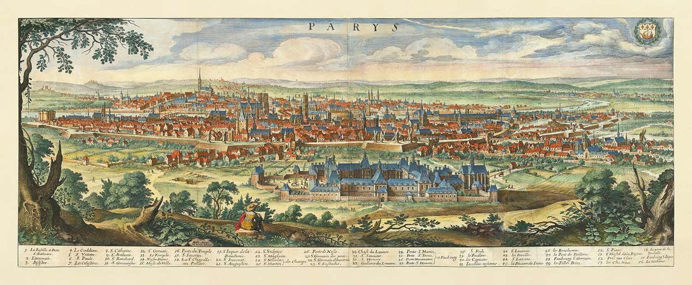 Mapa antiguo raro de París, Francia de Matthaus Merian en 1648 - Notre Dame, Sainte-Chapelle, Hospital St Louis, Bastilla