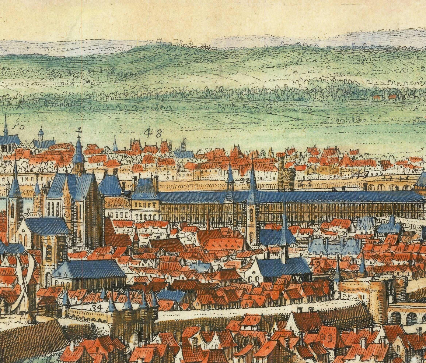 Mapa antiguo raro de París, Francia de Matthaus Merian en 1648 - Notre Dame, Sainte-Chapelle, Hospital St Louis, Bastilla